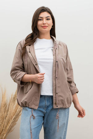PLUS SNAP BUTTON ZIP UP HOODED JACKET: LIGHT OLIVE