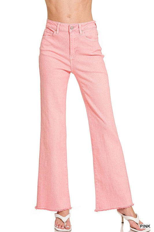 Acid Wash Striaght Frayed Hem Jeans in Pink