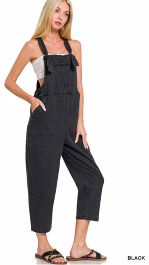 Zenana Washed Knot Strap Relaxed Fit Overalls in Black