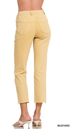 Zenana Acid Washed High Waist Straight Cropped Pants in Mustard