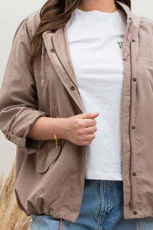 PLUS SNAP BUTTON ZIP UP HOODED JACKET: LIGHT OLIVE