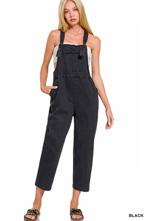 Zenana Washed Knot Strap Relaxed Fit Overalls in Black