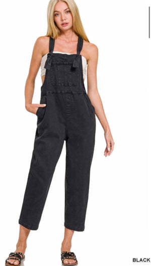 Zenana Washed Knot Strap Relaxed Fit Overalls in Black