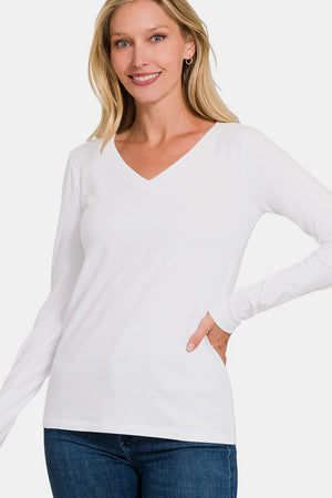 Long Sleeve V- Neck T-Shirt in White