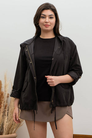 PLUS SNAP BUTTON ZIP UP HOODED JACKET: LIGHT OLIVE