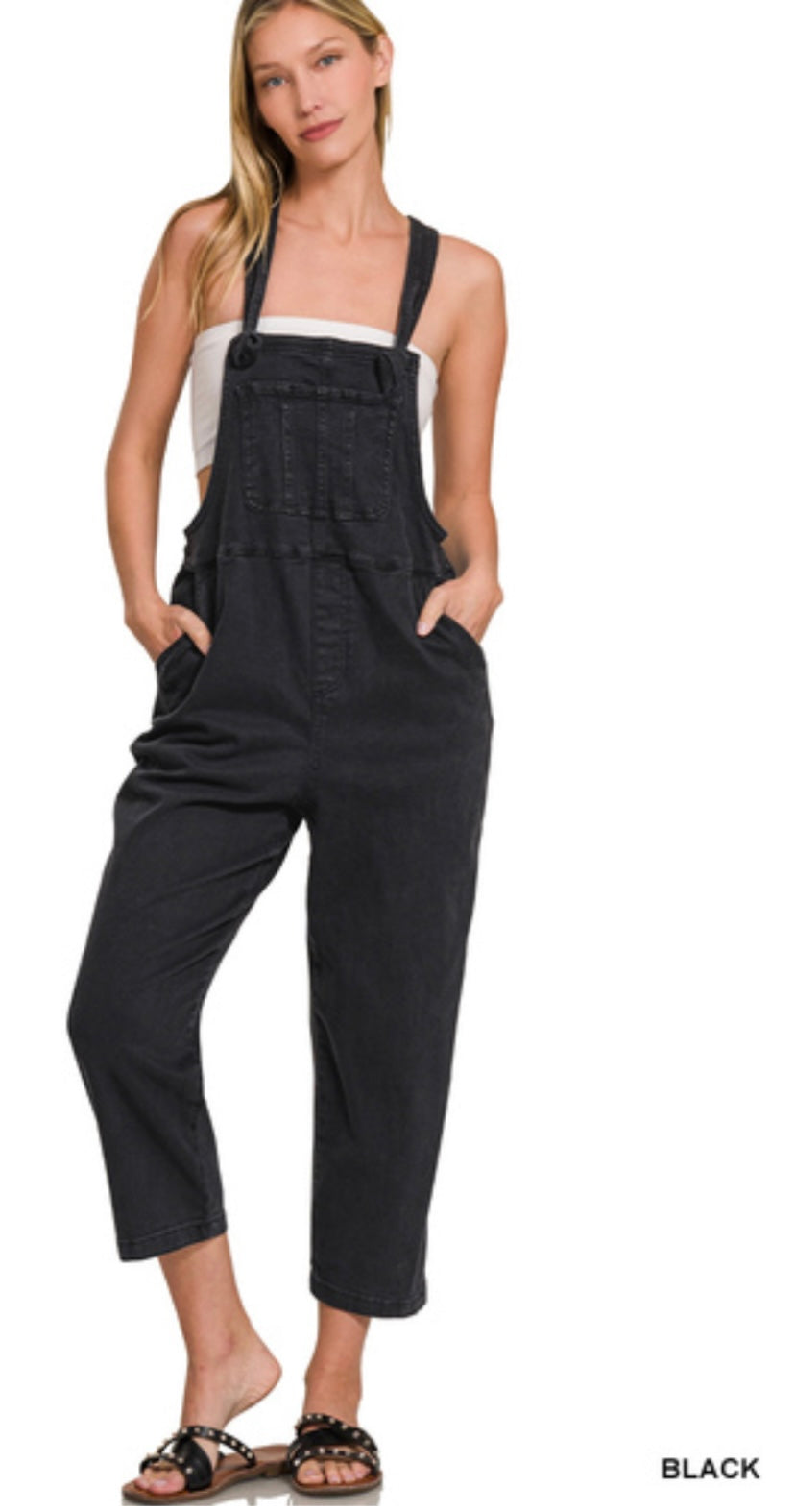 Zenana Washed Knot Strap Relaxed Fit Overalls in Black