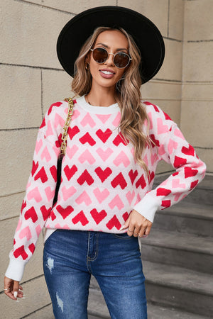 Angel Wings Contrast Heart Round Neck Sweater