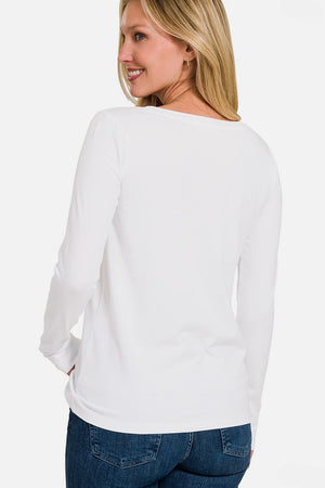 Long Sleeve V- Neck T-Shirt in White