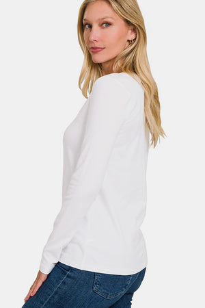 Long Sleeve V- Neck T-Shirt in White