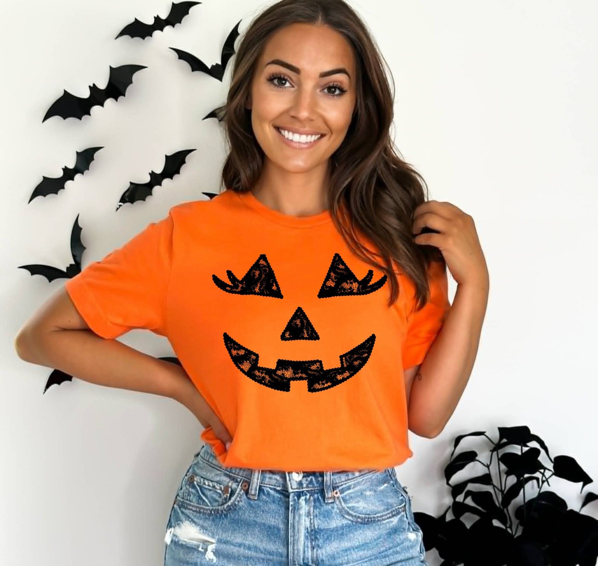 Halloween Lace Pumpkin Graphic Tee in Orange