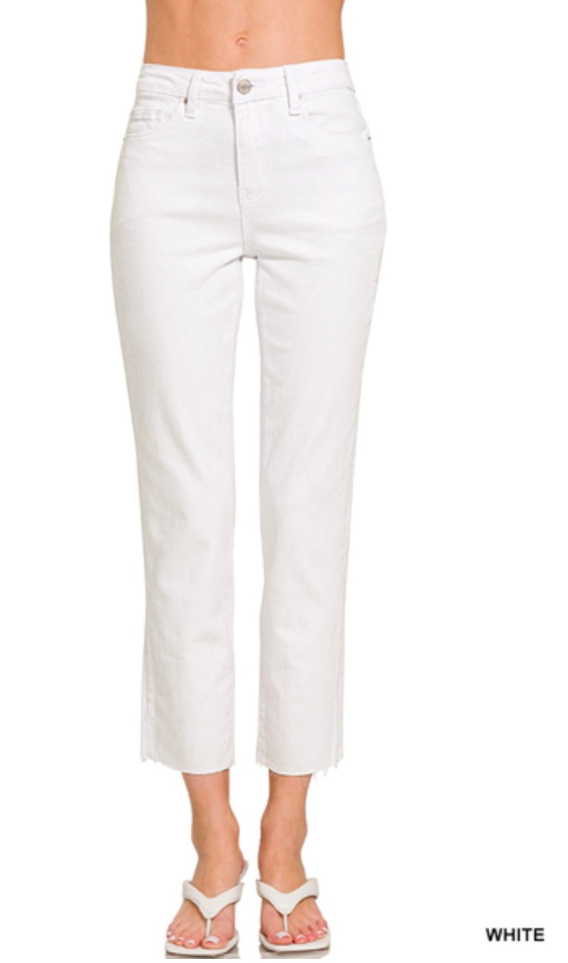 Zenana Acid Wash High Waist Straight Cropped Pants in White