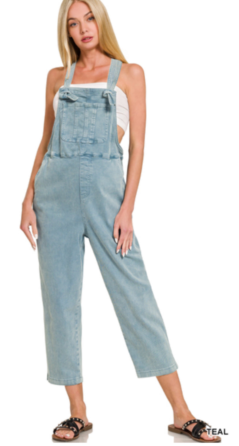 Zenana Washed Knot Strap Relaxed Fit Overalls in Teal