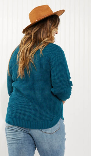 Autumn is Calling Waffle Knit Sweater in Teal