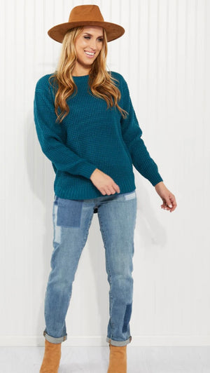 Autumn is Calling Waffle Knit Sweater in Teal