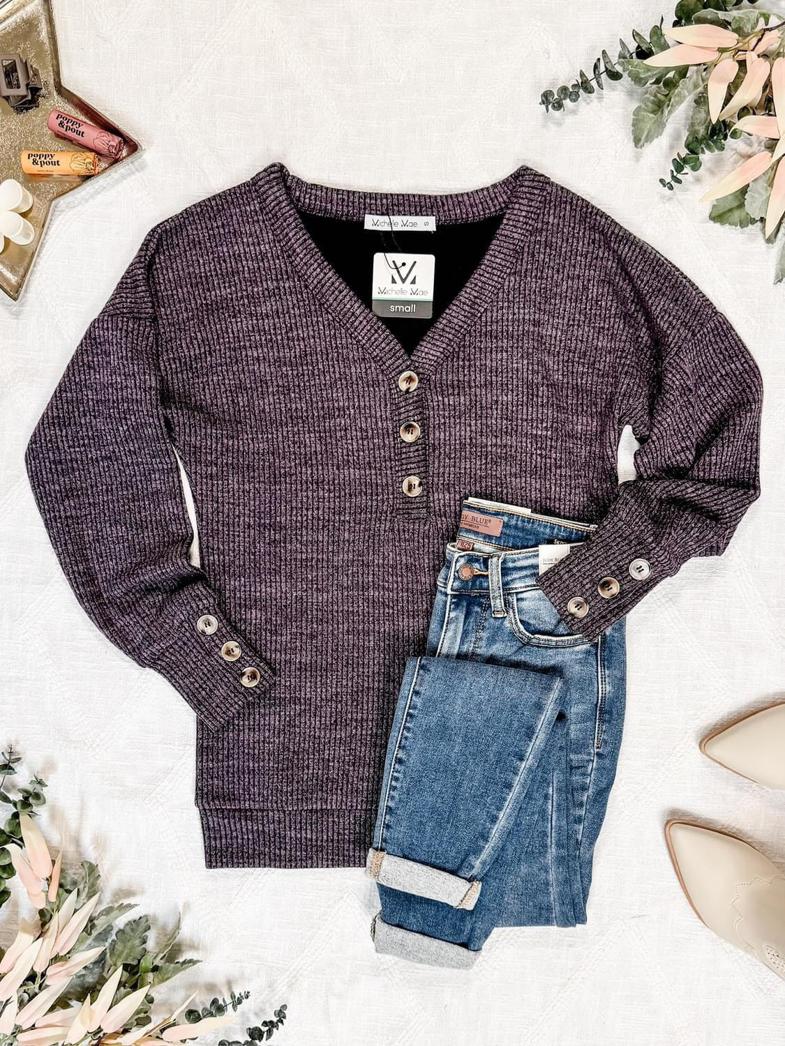 Keep that Buttoned up V-Neck Sweater in Purple