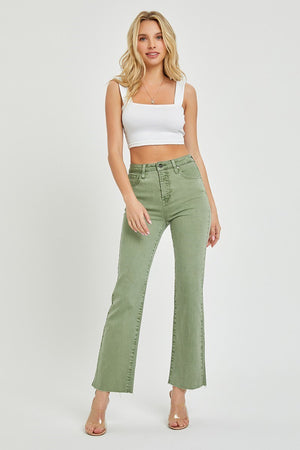 Risen High Rise - Ankle Straight Raw Hem With Side Slit in Olive
