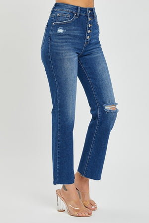 Risen High- Rise Cropped Straight Button Fly with distressed knee