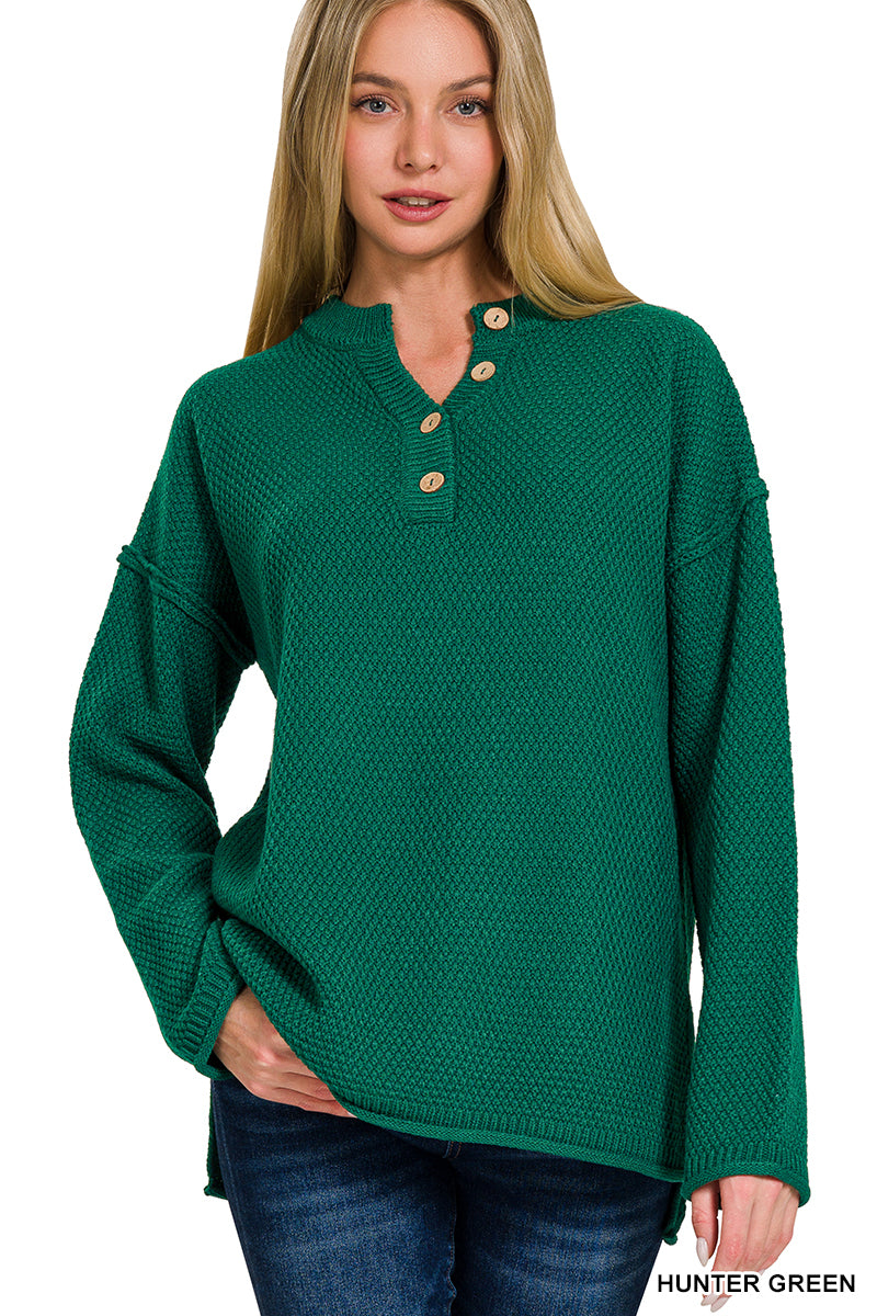 It's About Time Button V-Neck Sweater in Hunter Green