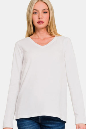 Long Sleeve V- Neck T-Shirt in White