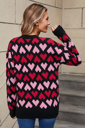 Angel Wings Contrast Heart Round Neck Sweater